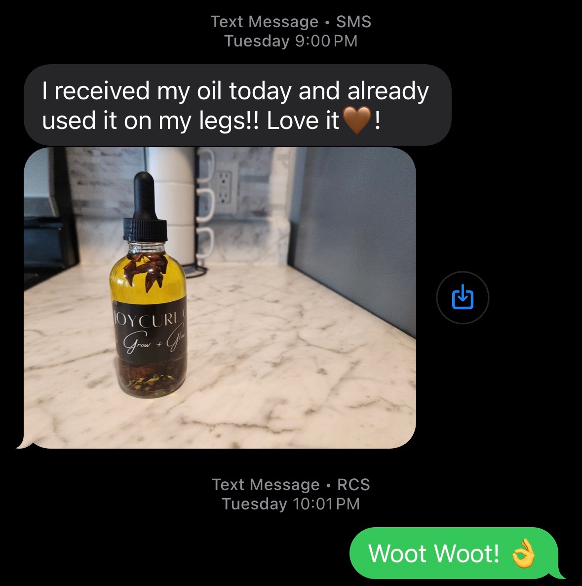 Customer text: I received my oil today and already used it on my legs! Love it.